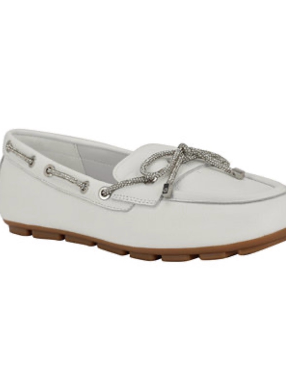Guess White Leather Loafer with Brown Sole and Silver Rope Lace